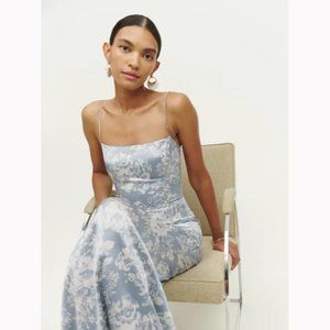 NWOT Reformation Frankie Silk Dress in Porcelain Blue White Floral Maxi